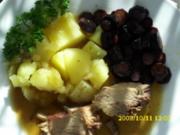 Fleisch: Schwindelbraten mit violetten Möhren und Salzkartoffeln - Rezept