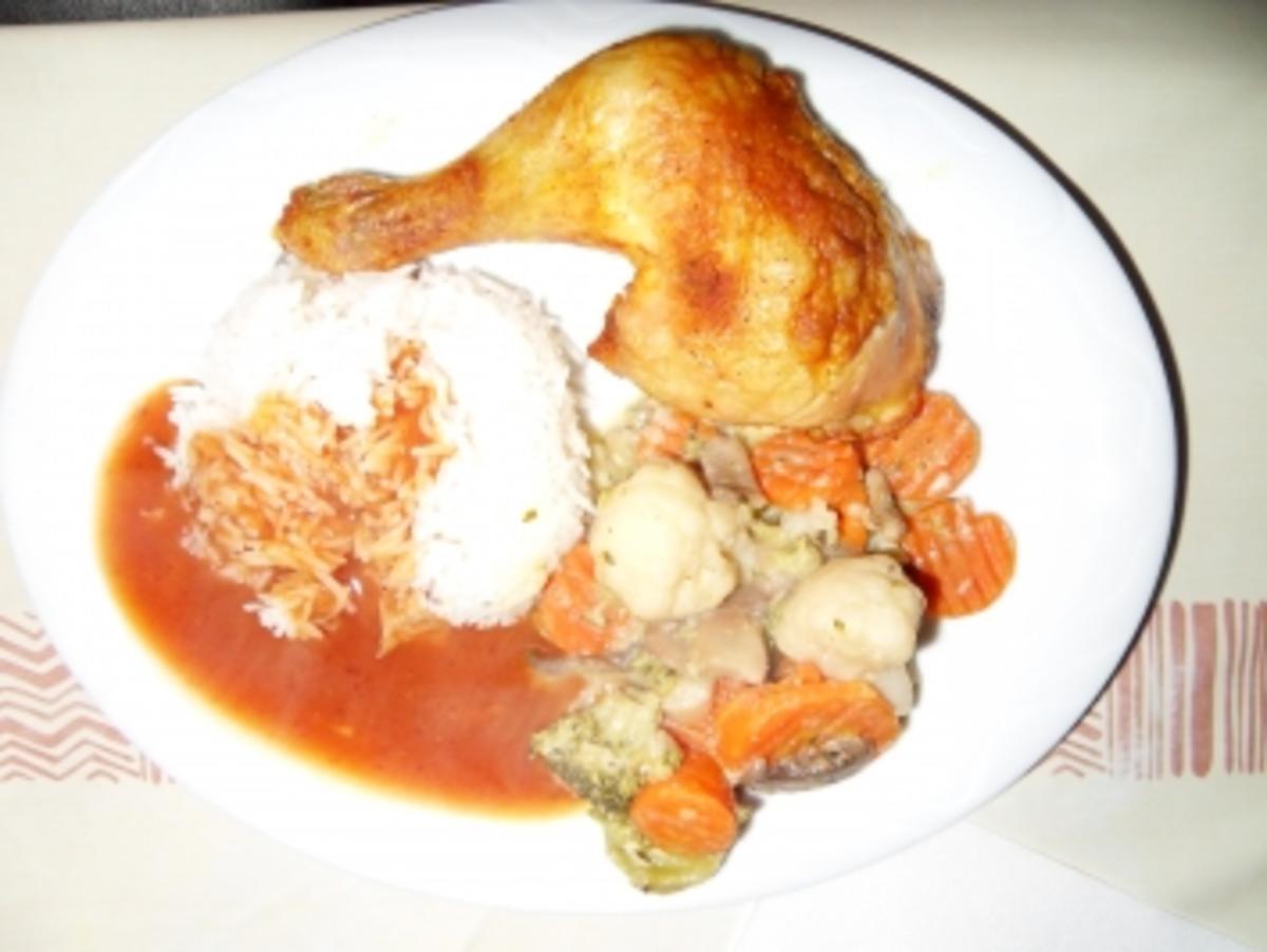 Hähnchenschenkel mit Reis und Kaisermeerrettichgemüse - Rezept - kochbar.de