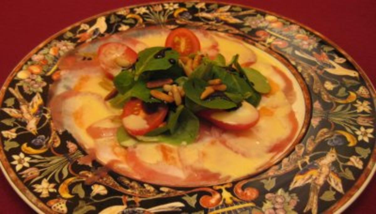 Carpaccio vom Lachs, Steinbeißer und Thunfisch mit Wasabi-Dressing -
Rezept Von Einsendungen Das perfekte Dinner