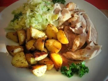 Rezept: geschmorte Hasenkeulen an feinem Sahnewirsing, Röstkartoffeln geschmorte Hasenkeulen an feinem Sahnewirsing, Röstkartoffeln - Rezept