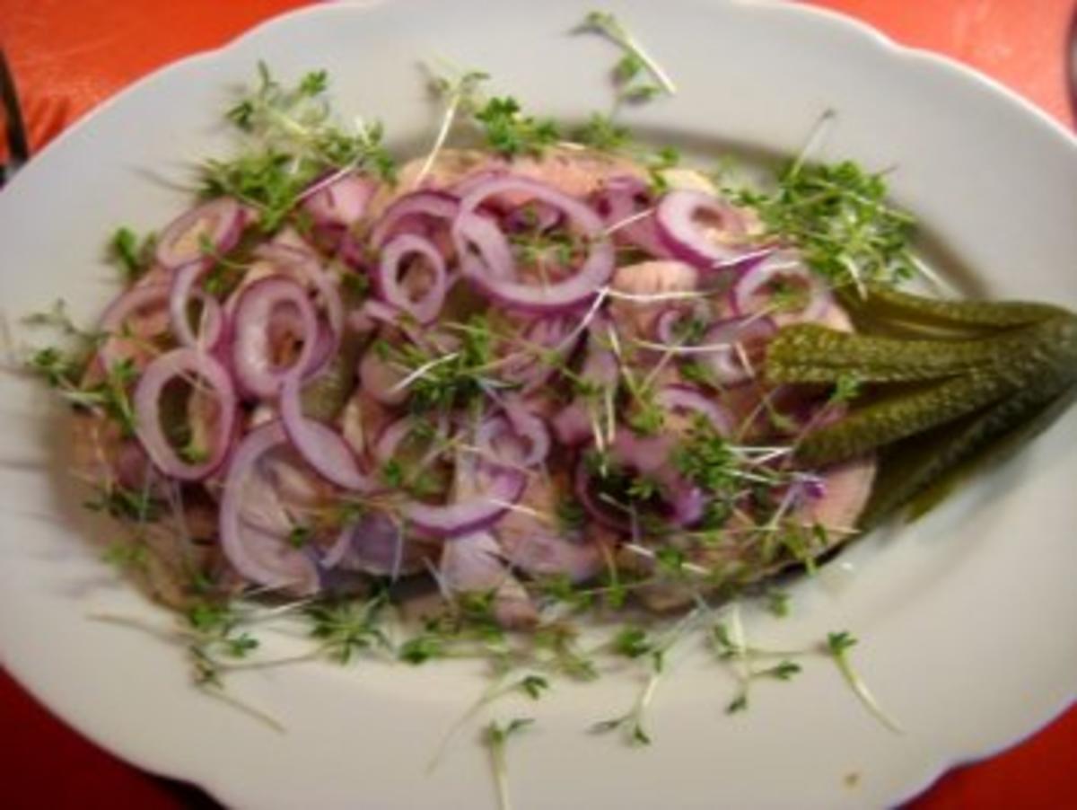 Bilder für Brot mit Braten,Gurke,Zwiebel auf Senf - Rezept