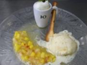 Frittiertes Eis mit Limetten- Honig-Soße, Kaffee-Mousse und fruchtige Salsa - Rezept