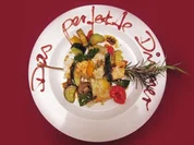 Fischspieß auf Gemüsestrudel mit Wermut-Thymiansoße - Rezept