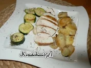 Hähnchenbrustfilet mit Bratkartoffeln und gebratenen Zucchiniparmesanscheiben - Rezept