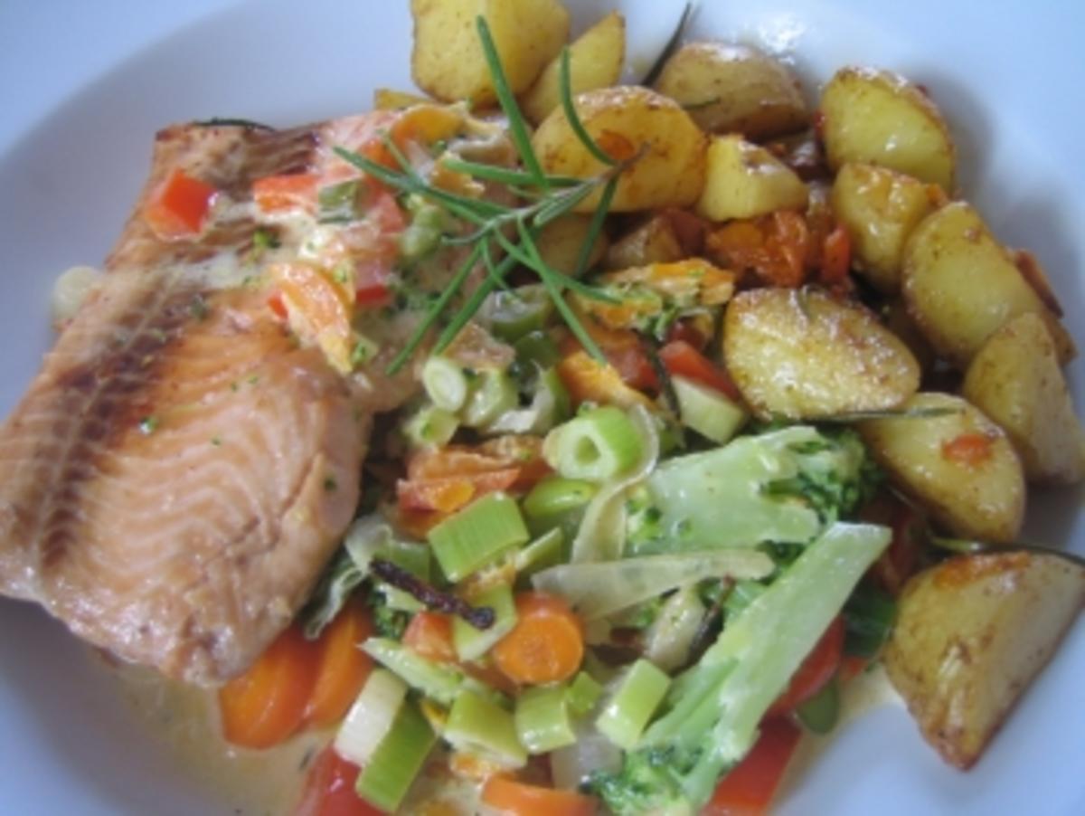 Lachs auf Weißwein-Gemüse - Rezept