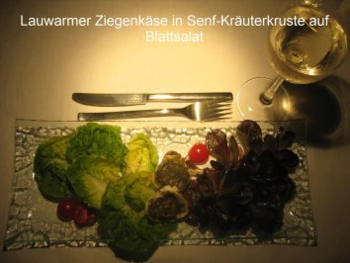 Bilder für Kochduellrezept 3: lauwarmer Ziegenkäse mit Senf-Rosmarinkruste, Lammlachse mit Kartoffelwaffel und Bohnenbündel, Millefeuille von Karamell und Schokolade mit Gewürzbirne - Rezept