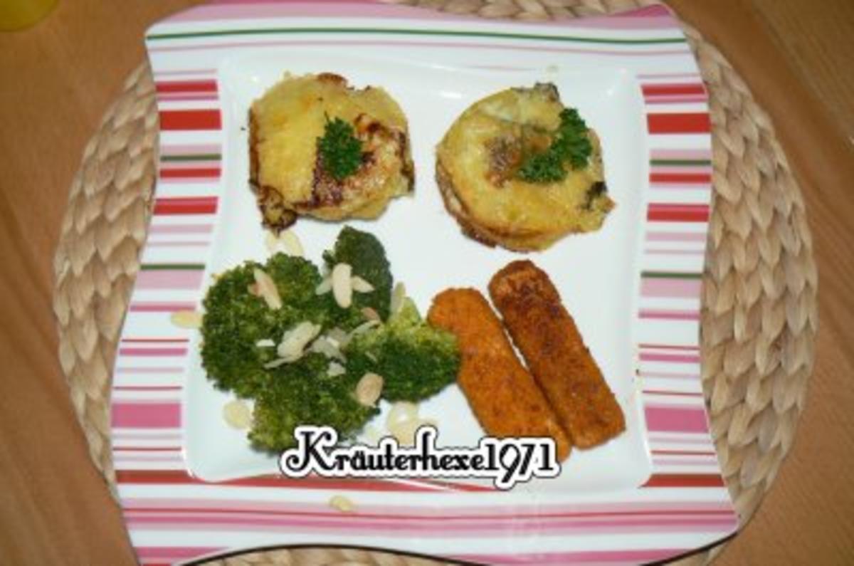 Kartoffel-Käse-Törtchen mit Broccoli und Fischbeilage - Rezept
