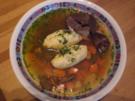 Menü Teil 1 "Suppe"  Dunkle Gänsesuppe mit Griesnockerln und Gemüse - Rezept