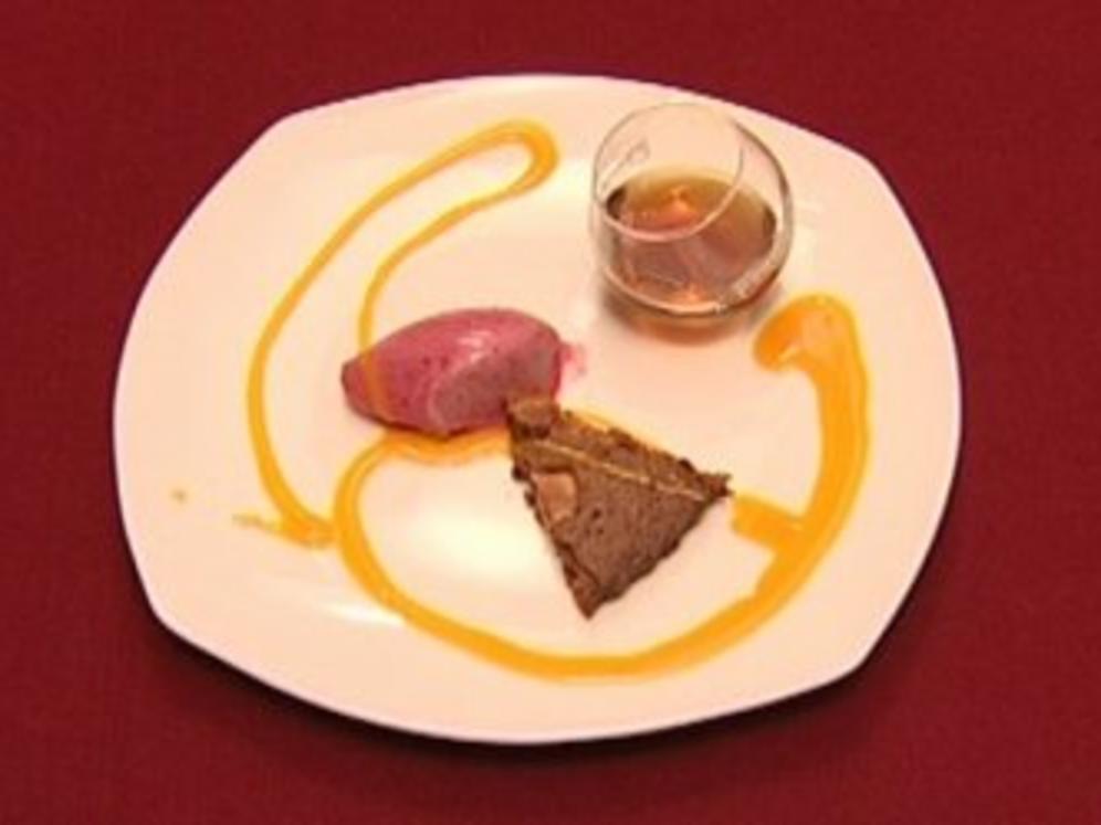 Warmer Nuss Schokoladenkuchen mit Mangofruchtsoße und Kirscheis Birgit ...