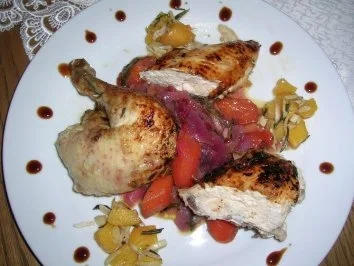 Rezept: Schmorhuhn mit Cranberry, Aprikosen, Mandeln an Gemüse Schmorhuhn mit Cranberry, Aprikosen, Mandeln an Gemüse - Rezept