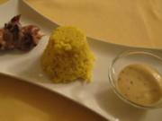 Saté von der Entenbrust an Mango-Pfeffersoße und gelbem Reis - Rezept