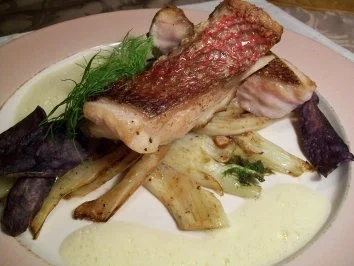 Rezept: Red Snapper auf karamellisiertem Fenchel an Orangen-Ingwer-Schaum... Red Snapper auf karamellisiertem Fenchel an Orangen-Ingwer-Schaum... - Rezept