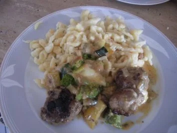 Rezept: Überbackene Hackbällchenpfanne mit Spätzle Überbackene Hackbällchenpfanne mit Spätzle - Rezept