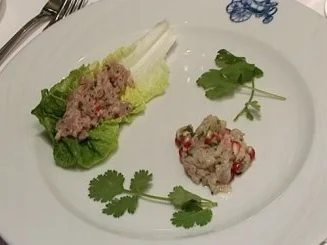 Thunfischtatar an Limonen-Basilikumdressing, dazu rohe Meerbarbenfiletstreifen mit Granatapfel-Korianderdressing - Rezept