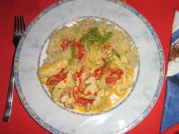 Rezept: Hähnchen-Paprika-Fenchel-Geschnetzeltes mit Basmatireis Hähnchen-Paprika-Fenchel-Geschnetzeltes mit Basmatireis - Rezept