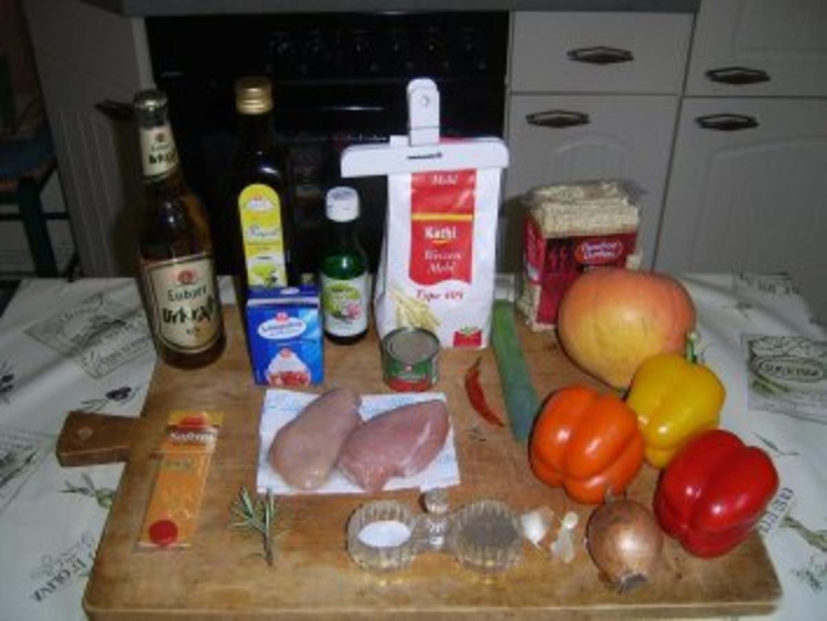 Hühnerbrustfilet in Safran-Bierteig mit Sahnegemüse und Mienudeln - Rezept - Bild Nr. 2
