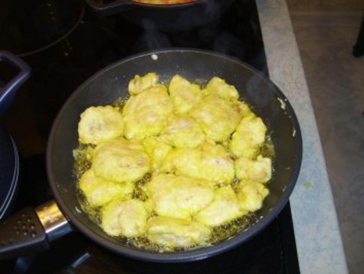 Hühnerbrustfilet in Safran-Bierteig mit Sahnegemüse und Mienudeln - Rezept - Bild Nr. 7