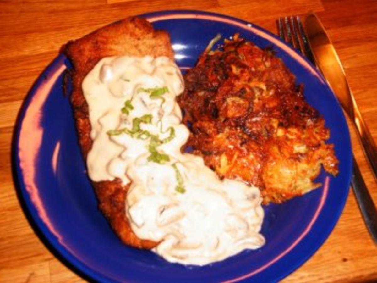 Schweineschnitzel mit Champignon-Rahm-Soße mit Kartoffelrösti - Rezept ...