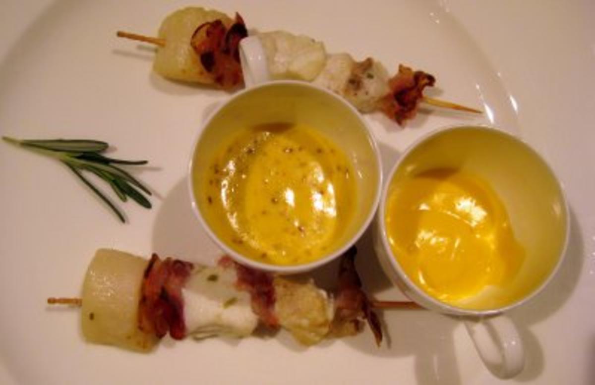 Bilder für Brochettes von Seeteufel, Jakobsmuschel, Steinbeißer und Pancetta an Zitronenbuttersoße und Honig-Senfsoße - Rezept