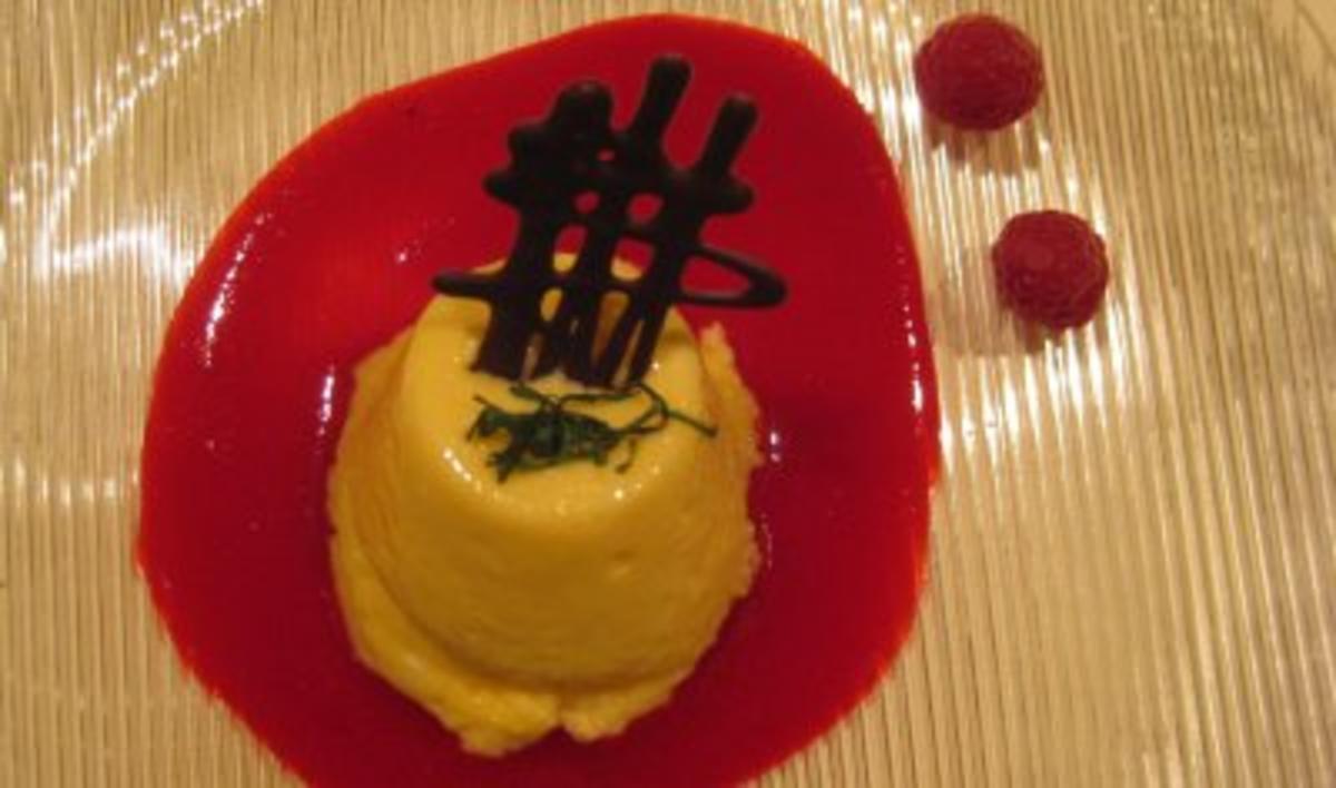 Zitronen-Champagnermousse an Schokoladengitter auf Fruchtspiegel ...