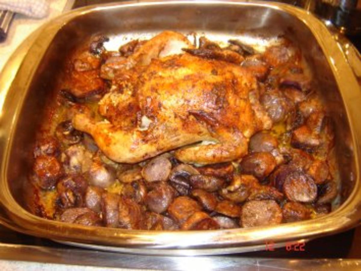 Huhn mit Lila Kartoffeln und Champignons aus dem Backofen - Rezept ...