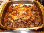 Huhn mit Lila Kartoffeln und Champignons aus dem Backofen - Rezept