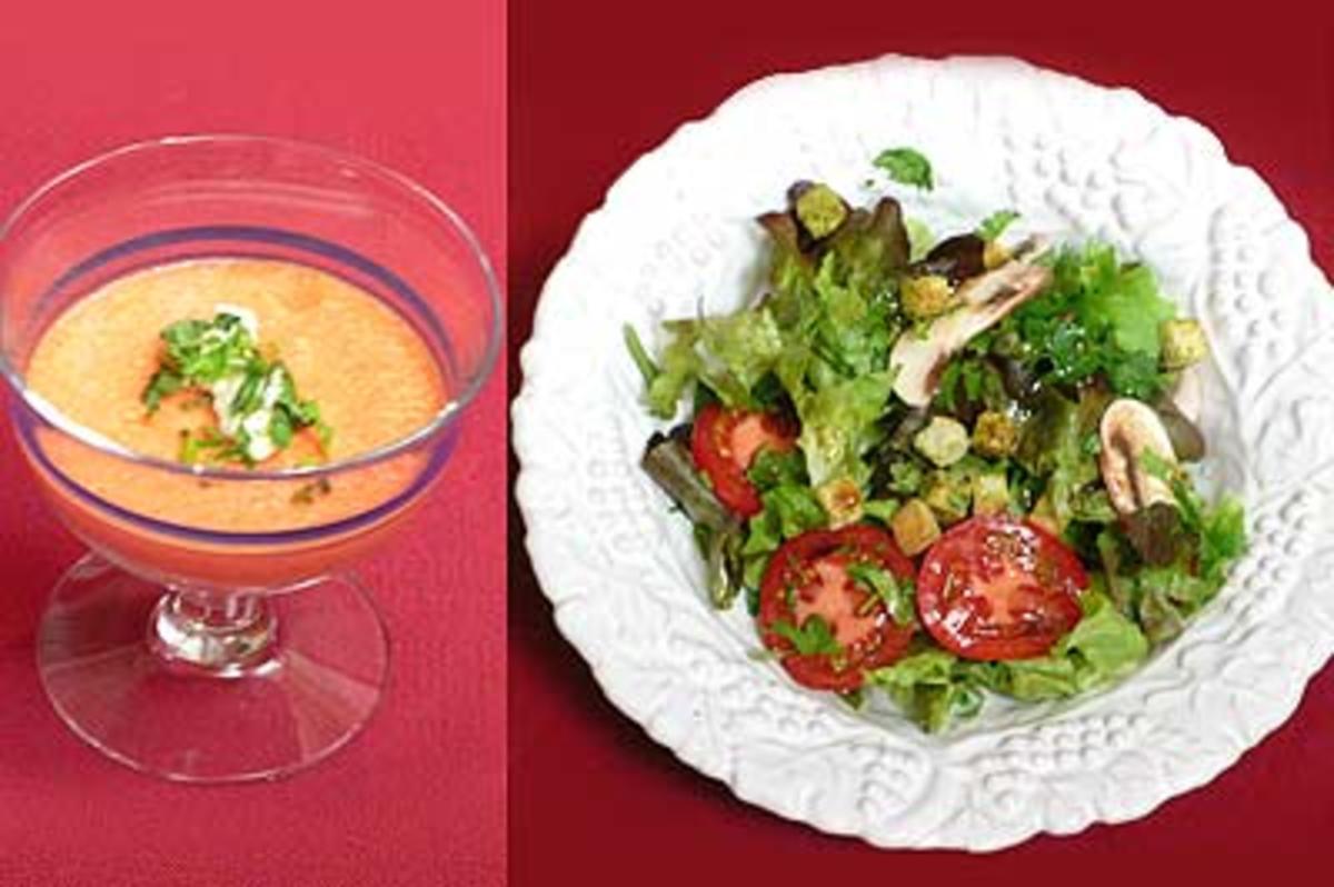 Mousse von Tomaten, Paprika und Minze sowie Salat mit frischem Koriander - Rezept