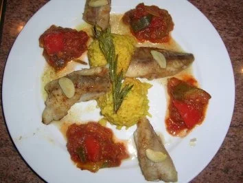 Seeteufel mit Steinpilzstaub an Ratatouillle-Gemüse und Safran Reis - Rezept - Bild Nr. 2