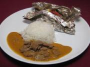 Curryrind in süßer Erdnuss-Soße trifft gebackenen Fisch in Ingwer-Austernsoße - Rezept