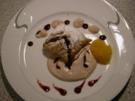 Blätterteigtasche mit Rotweinpflaume und Maronensauce an Orangen-Sorbet - Rezept