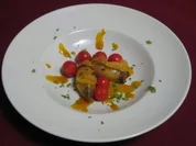 Tintenfische gegrillt mit Wintermangold, gebackenen Tomaten u. Mandarinenfilets - Rezept