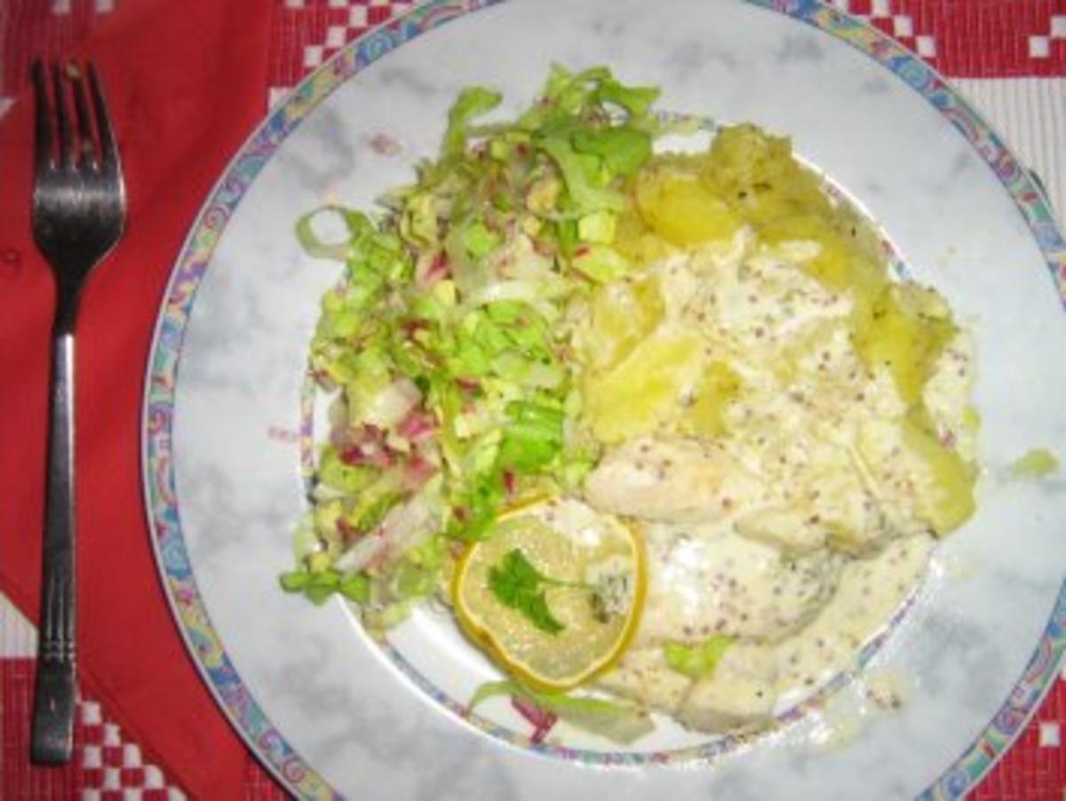 Pangasiusfilet mit Butter-Fenchel-Kartoffeln mit Kräuter-Senf-Sauce - Rezept