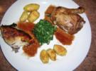 Poularde (eingelegt in Inwer Portwein) mit Ingwer-Portwein-Sauce, Paprikadrillinge, frischer Blattspinat - Rezept