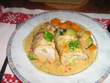 Rezept: Schweinefilet gefüllt mit Brokkoli-Frischkäse an Zucchini-Fenchel-Gemüse Schweinefilet gefüllt mit Brokkoli-Frischkäse an Zucchini-Fenchel-Gemüse - Rezept