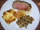 Roastbeef "Senfonie" mit Kartoffel-Mandel-Gratin und Austernpilzen - Rezept