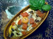 ** aus dem Ofen ** Feta mit Tomaten, Oliven, Champignons und Ei überbacken - Rezept