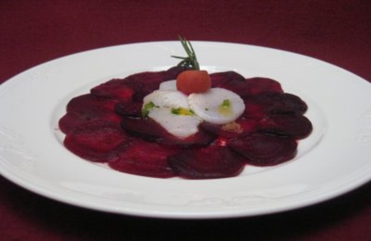 Bilder für Rote-Bete-Carpaccio mit Jakobsmuscheln und Minzpesto - Rezept