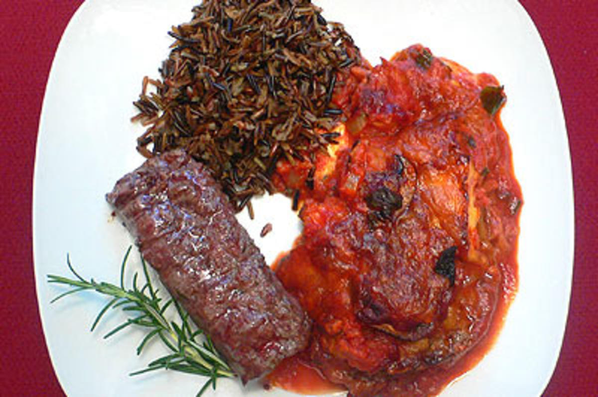 Gegrilltes Lamm mit Auberginenauflauf und Wildreis - Rezept