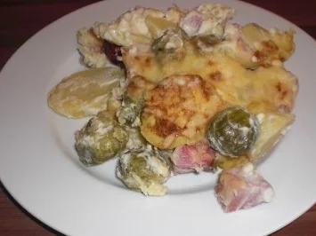 Rezept: Rosenkohl-Kartoffel-Kasseler-Auflauf Rosenkohl-Kartoffel-Kasseler-Auflauf - Rezept