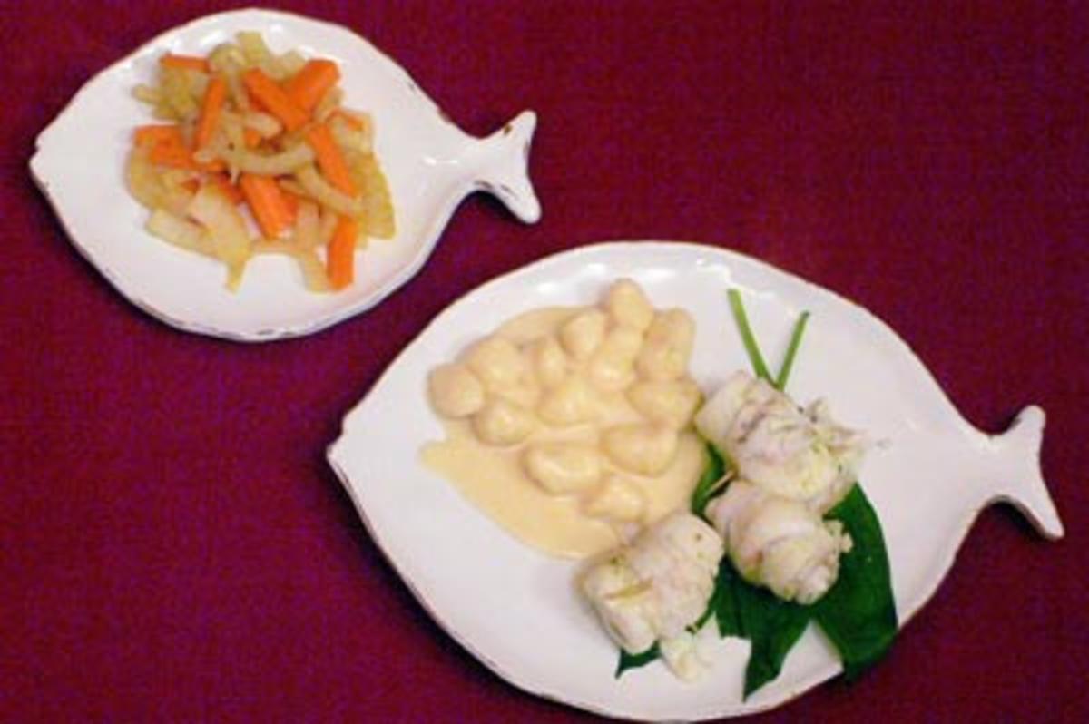 Bärlauch-Schollenröllchen mit Gnocchi, Karotten-Fenchelgemüse - Rezept