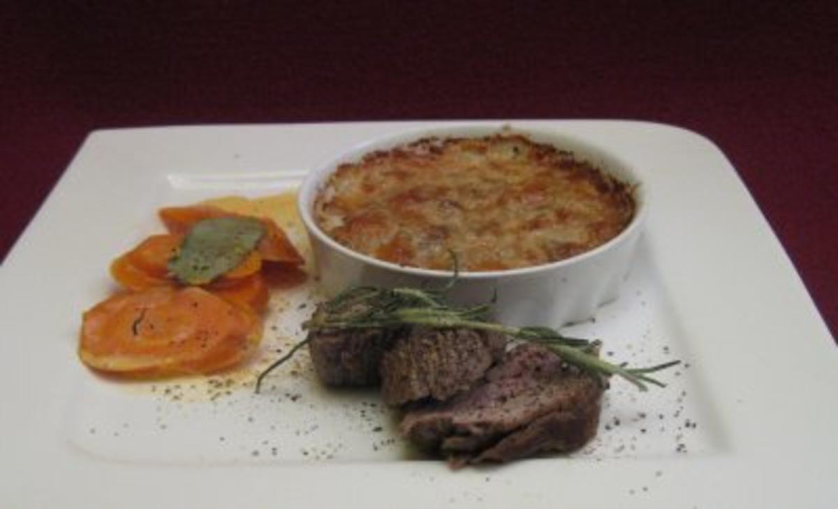 Filet vom Highland Cattle, Gratin und Sandmöhren - Rezept