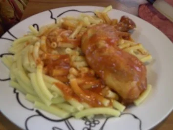 Hauptgericht: Hähnchenschenkel "Italienisch" mit Makkaroni und gemischten Salat - Bilder sind dabei - Rezept