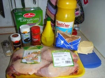 Rezept: Hähnchenkeule in golden Lackkorsage an Reis und Brandenburgischen Käsesalat Bild Nr. 2 Hähnchenkeule in golden Lackkorsage an Reis und Brandenburgischen Käsesalat - Rezept - Bild Nr. 2