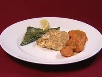 Heilbutt in Honig-Sesam-Mantel dazu Süßkartoffeln und grüne Spinat-Ravioli (Florian Simbeck) - Rezept