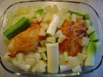 Rezept: Hähnchenbrustfilet exotisch --- mit Mango-Ananas-Sauce und Porree überbacken Bild Nr. 4 Hähnchenbrustfilet exotisch --- mit Mango-Ananas-Sauce und Porree überbacken - Rezept - Bild Nr. 4