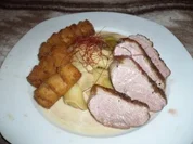 Gebratene Chili - Entenbrust mit Apfel - Lauch - Gemüse und Kartoffelkroketten - Rezept