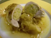Hühnerbrust mit Apfel-Lauch-Füllung auf Chicoree-Curry-Gemüse in Pergament - Rezept