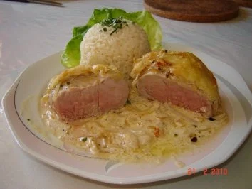 Rezept: Fleisch : Überbackene Schweinelendchen Fleisch : Überbackene Schweinelendchen - Rezept