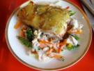 Fischfilet im Kartoffelmantel auf Gartengemüse mit Rosmarin - Rezept