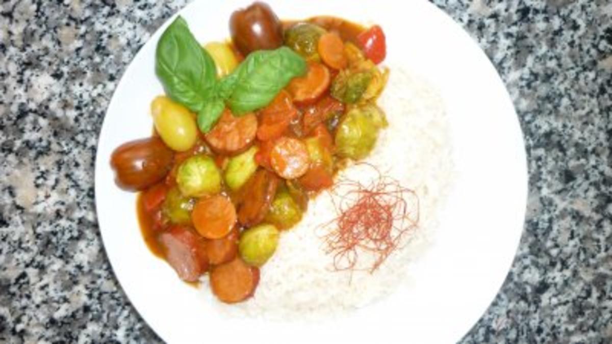 Kabanossi-Gemüsepfanne mit Reis - Rezept